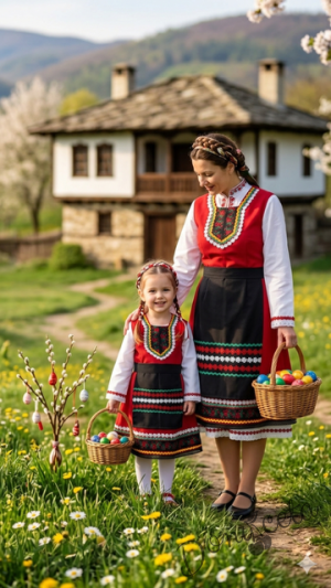 Дамска или детска народна носия сукман 97 в червено с престилка с фолклорни/етно мотиви на цветчета