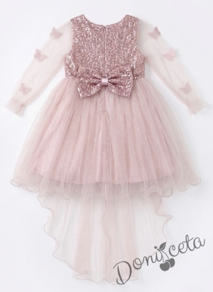 Официална детска рокля с дълъг ръкав с пайети,шлейф и пеперуди в розово