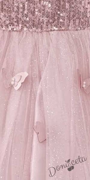 Официална детска рокля с дълъг ръкав с пайети,шлейф и пеперуди в розово