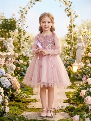 Официална детска рокля с дълъг ръкав с пайети,шлейф и пеперуди в розово