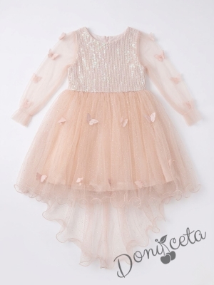 Официална детска рокля с дълъг ръкав с пайети,шлейф и пеперуди в прасковено