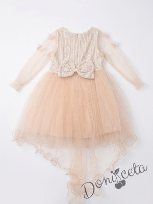 Официална детска рокля с дълъг ръкав с пайети,шлейф и пеперуди в прасковено