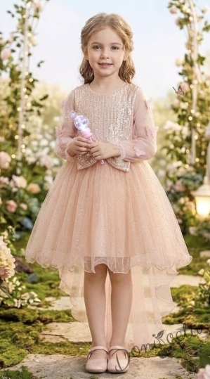 Официална детска рокля с дълъг ръкав с пайети,шлейф и пеперуди в прасковено
