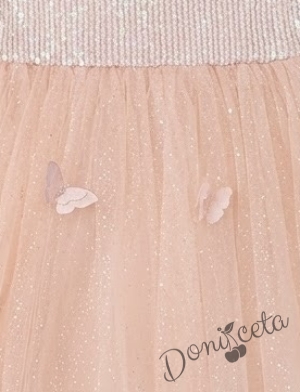 Официална детска рокля с дълъг ръкав с пайети,шлейф и пеперуди в прасковено