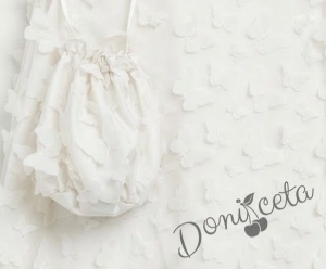 Елегантна детска рокля с пеперуди , панделка в бяло и чантичка