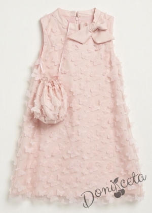 Елегантна детска рокля с пеперуди , панделка в розово и чантичка