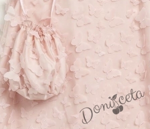 Елегантна детска рокля с пеперуди , панделка в розово и чантичка