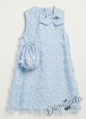 Елегантна детска рокля с пеперуди , панделка в светлосиньо и чантичка
