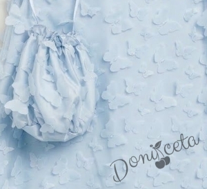 Елегантна детска рокля с пеперуди , панделка в светлосиньо и чантичка