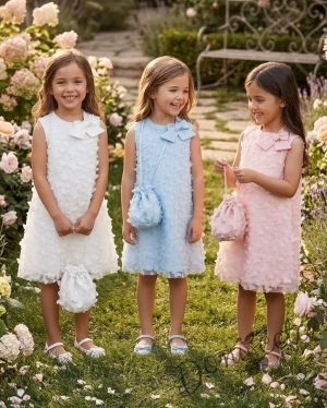 Елегантна детска рокля с пеперуди , панделка в светлосиньо и чантичка