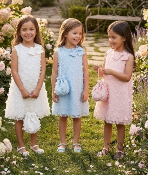 Елегантна детска рокля с пеперуди , панделка в розово и чантичка