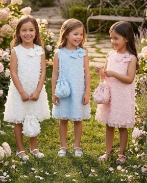 Елегантна детска рокля с пеперуди , панделка в бяло и чантичка