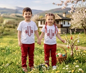 Детска тениска с къс ръкав с фолклорни/етно мотиви за момиче