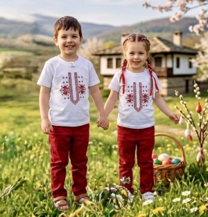 Детска тениска с къс ръкав с фолклорни/етно мотиви за момче