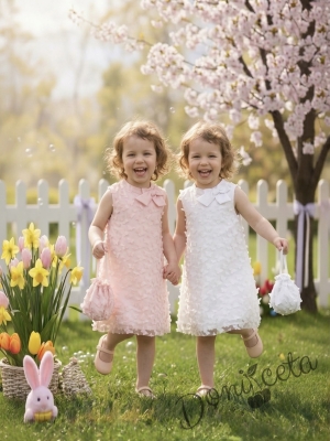 Елегантна детска рокля с пеперуди , панделка в бяло и чантичка