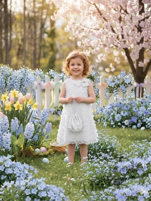 Елегантна детска рокля с пеперуди , панделка в бяло и чантичка