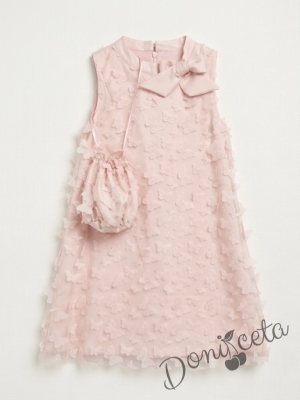 Елегантна детска рокля с пеперуди , панделка в розово и чантичка
