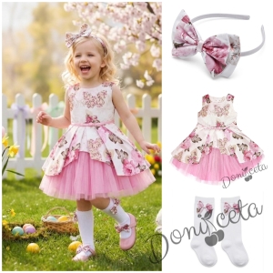 Комплект от 3 части- детска памучна рокля Надежда в розово с тюл, диадема за коса и чорапки в бяло с панделки