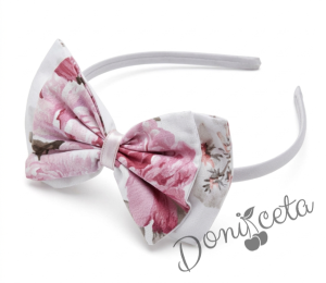 Комплект от 3 части- детска памучна рокля Надежда в розово с тюл, диадема за коса и чорапки в бяло с панделки