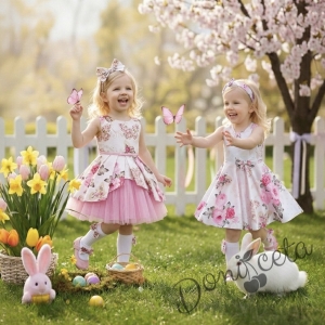 Комплект от 3 части- детска памучна рокля Надежда в розово с тюл, диадема за коса и чорапки в бяло с панделки