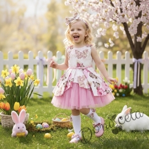 Комплект от 3 части- детска памучна рокля Надежда в розово с тюл, диадема за коса и чорапки в бяло с панделки