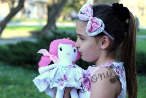 Комплект от 3 части- детска памучна рокля Надежда в розово с тюл, диадема за коса и чорапки в бяло с панделки