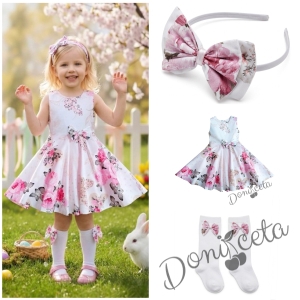 Комплект от 3 части-детска рокля на цветя клош тип в розово Вилина, диадема и чорапки