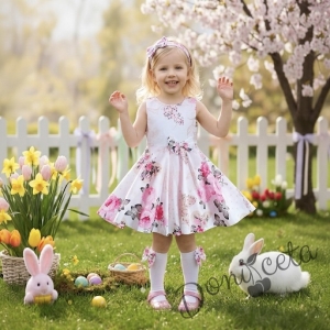 Комплект от 3 части-детска рокля на цветя клош тип в розово Вилина, диадема и чорапки