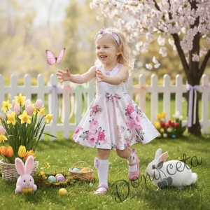 Комплект от 3 части-детска рокля на цветя клош тип в розово Вилина, диадема и чорапки