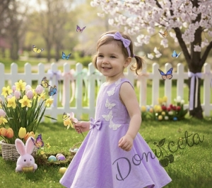 Комплект от 3 части-детска рокля клош в лилаво Вилина с бели 3D пеперудки, диадема и чорапки 