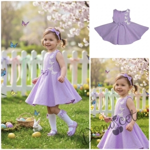 Комплект от 3 части-детска рокля клош в лилаво Вилина с бели 3D пеперудки, диадема и чорапки 