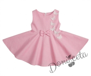 Официална или ежедневна детска рокля клош в розово Вилина с бели 3D пеперудки