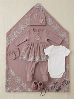 Комплект за изписване от 7 части за момиче в розово с бродерия и цвете