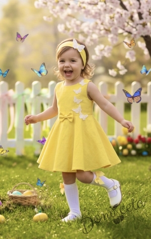 Официална или ежедневна детска рокля клош в жълто Вилина с бели 3D пеперудки