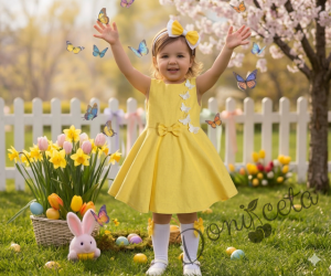 Официална или ежедневна детска рокля клош в жълто Вилина с бели 3D пеперудки