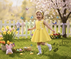 Комплект от 3 части-детска рокля клош в цвят жълто Вилина с бели 3D пеперудки, диадема и чорапки 