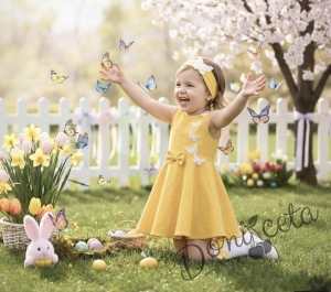 Комплект от 3 части-детска рокля клош в цвят жълто Вилина с бели 3D пеперудки, диадема и чорапки 