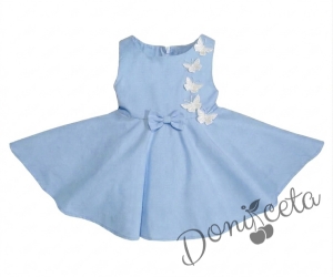 Комплект от 3 части-детска рокля клош в цвят светлосиньо Вилина с бели 3D пеперудки, диадема и чорапки 