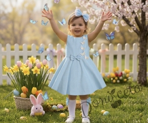 Комплект от 3 части-детска рокля клош в цвят светлосиньо Вилина с бели 3D пеперудки, диадема и чорапки 