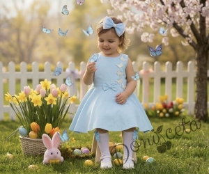 Комплект от 3 части-детска рокля клош в цвят светлосиньо Вилина с бели 3D пеперудки, диадема и чорапки 