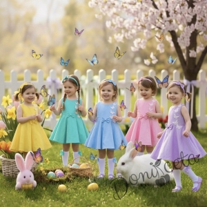 Комплект от 3 части-детска рокля клош в цвят светлосиньо Вилина с бели 3D пеперудки, диадема и чорапки 