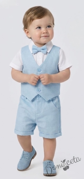 Комплект за момче в синьо от къси панталонки тип гащеризон, елек, папийонка и ризка в бяло с къс ръкав