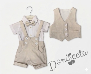 Комплект за момче в бежово от къси панталонки тип гащеризон, елек, папийонка и ризка в бяло с къс ръкав