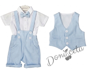 Летен комплект за момче в синьо от къси панталонки тип гащеризон, елек, папийонка и ризка в бяло с къс ръкав