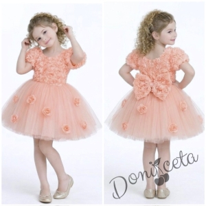 Официална детска рокля Розана с къс ръкав с 3D рози и богат тюл в  прасковено