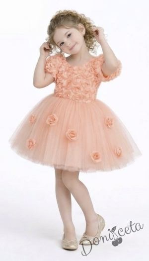 Официална детска рокля Розана с къс ръкав с 3D рози и богат тюл в  прасковено
