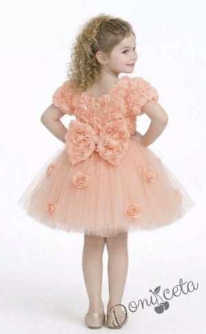Официална детска рокля Розана с къс ръкав с 3D рози и богат тюл в  прасковено