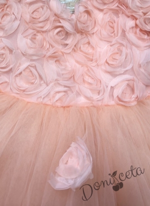 Официална детска рокля Розана с къс ръкав с 3D рози и богат тюл в  прасковено