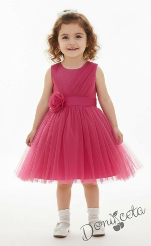 Официална детска/бебешка рокля в циклама с тюл и  коланче с цвете на талията