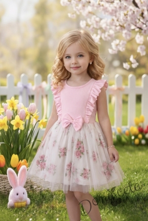 Ежедневна детска рокля с дълъг ръкав в розово с къдрички и тюл в долната част